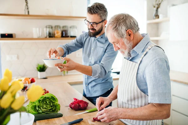 Um filho hipster adulto e pai sênior em casa, cozinhando . — Fotografia de Stock