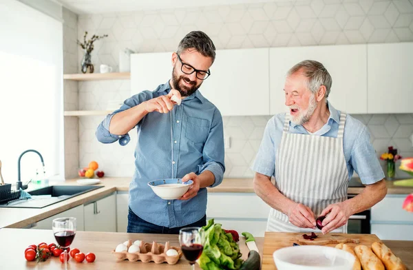 En vuxen hipster son och Senior far inomhus hemma, Matlagning. — Stockfoto