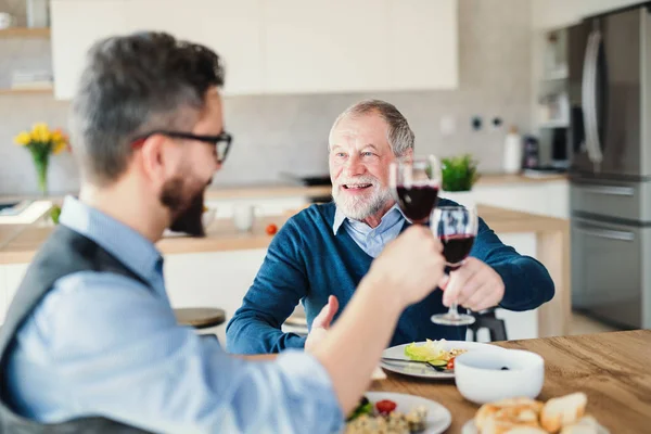 Dorosły syn Hipster i starszy ojciec w domu, jedząc lekki lunch. — Zdjęcie stockowe