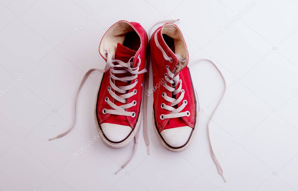 A studio shot of pair of canvas shoes on white background. Flat lay.