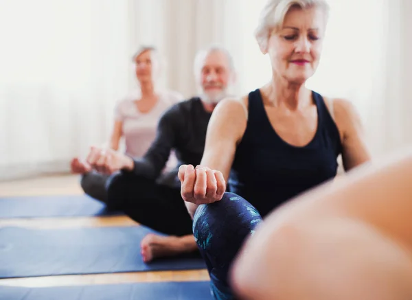 Grupo de personas mayores haciendo ejercicio de yoga en club de centro comunitario . —  Fotos de Stock