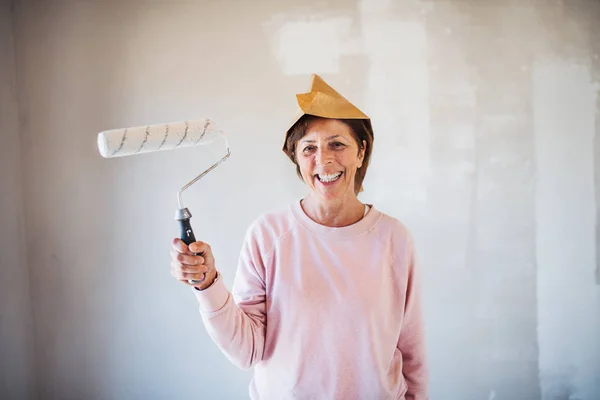 Mujer mayor pintando paredes en un nuevo hogar, divirtiéndose. Concepto de reubicación . — Foto de Stock