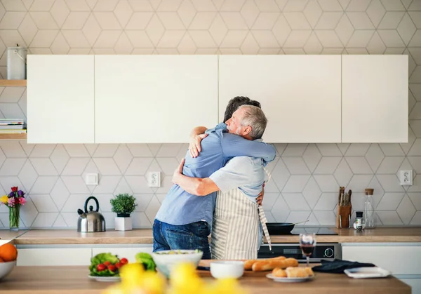 Ένας ενήλικος χίπης γιος και ανώτερος πατέρας σε εσωτερικούς χώρους στο σπίτι, αγκαλιάζοντας όταν το μαγείρεμα. — Φωτογραφία Αρχείου