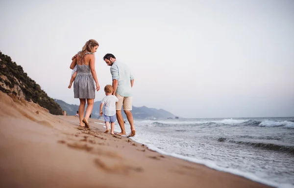 Vista trasera de la familia con dos niños pequeños caminando en la playa en vacaciones de verano . — Foto de Stock