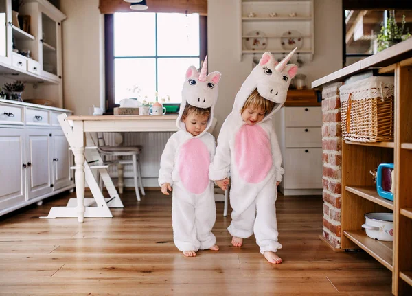 Dos niños pequeños con máscaras de unicornio caminando en casa . — Foto de Stock