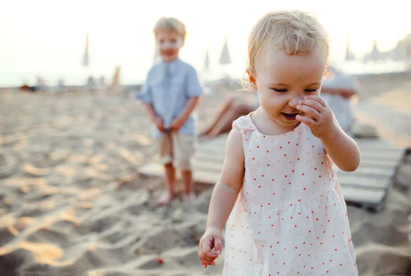 Familia joven con niños pequeños divirtiéndose en la playa en vacaciones de verano . —  Fotos de Stock
