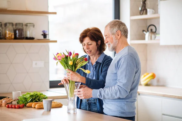 Un retrato de pareja de ancianos enamorados en casa, desempacando las compras . — Foto de Stock