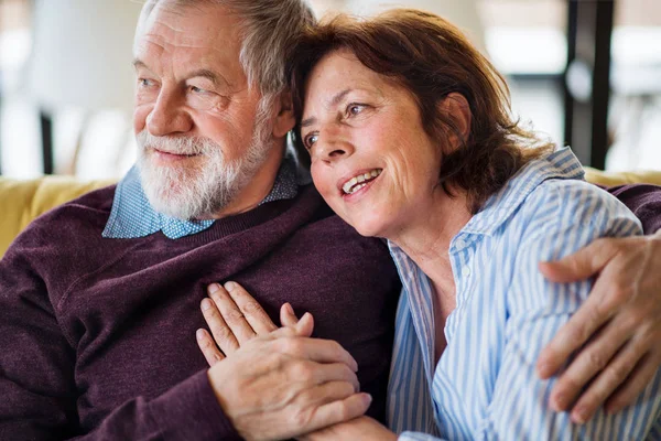 Milující starší dvojice v lásce sedět na pohovce doma. — Stock fotografie