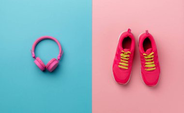 Renkli arka planda koşu ayakkabıları ve kulaklıkbir stüdyo çekimi.