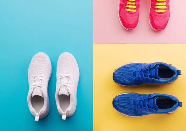 A studio shot of running shoes on bright color background. Flat lay. — Stock Photo, Image