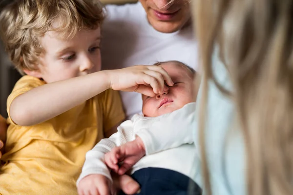 Jovens pais com bebê recém-nascido e pequeno filho criança em casa, um close-up . — Fotografia de Stock