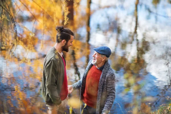 Vista de alto ángulo del padre mayor y su hijo de pie en la naturaleza, hablando . —  Fotos de Stock