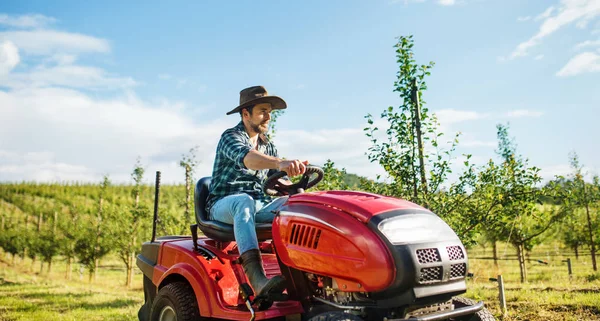 果樹園で屋外でミニトラクターを運転する成熟した農家. — ストック写真