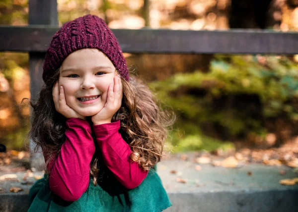Um retrato de uma pequena menina sentada na floresta no outono natureza . — Fotografia de Stock