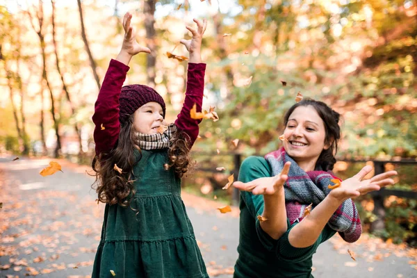 Um retrato da menina criança com a mãe na floresta no outono natureza, jogando folhas . — Fotografia de Stock