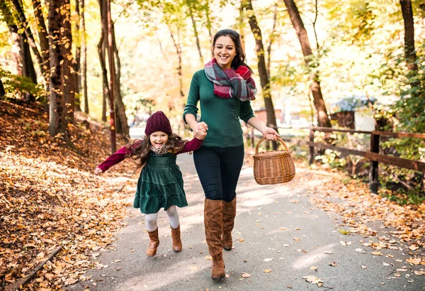 A young mother with a toddler daughter running in forest in autumn nature. — Stock Photo, Image