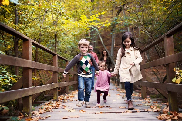 Vacker ung familj med små barn på promenad i höstskogen. — Stockfoto