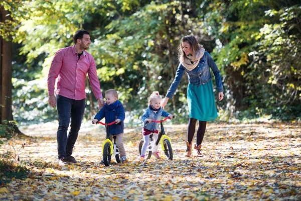 Schöne junge Familie mit kleinen Zwillingen auf einem Spaziergang im Herbstwald. — Stockfoto