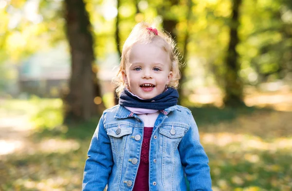 가을 숲에 서있는 작은 유아 소녀의 정면 보기 초상화. — 스톡 사진