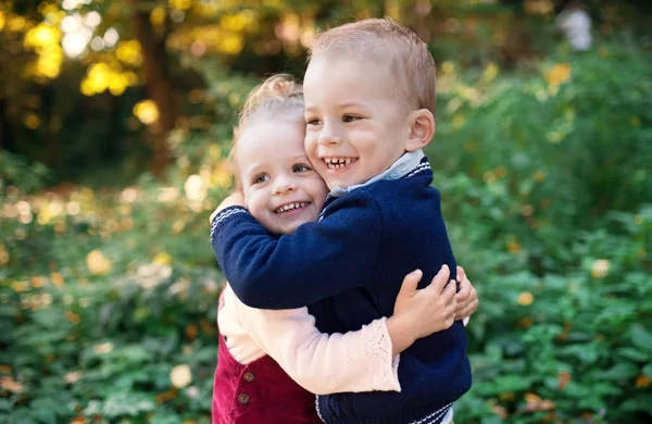 Twin toddler sibling boy and girl standing in autumn forest, hugging. — Stock Photo, Image