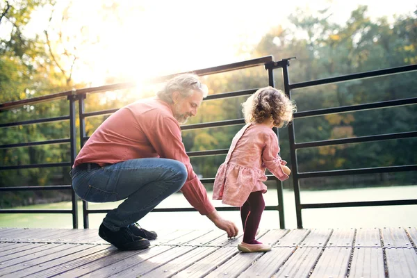 Padre maturo con la figlia del bambino in piedi sul lago su una passeggiata . — Foto Stock