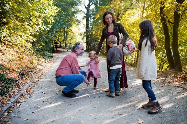 Sonbahar ormanında yürüyüşe çıkmış küçük çocukları olan güzel bir aile.. — Stok fotoğraf