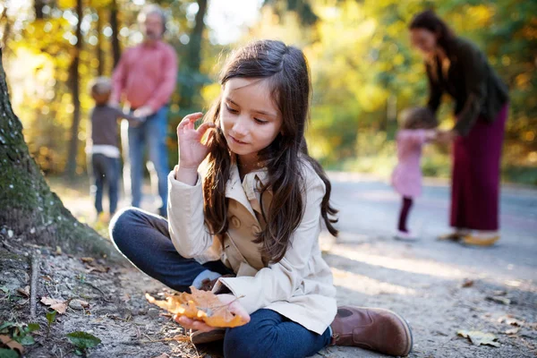 Menina pequena com a família em um passeio na floresta de outono . — Fotografia de Stock