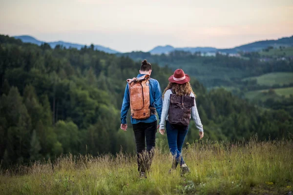 Doğada yürüyüş sırt çantaları ile genç turist çift gezginlerin Arka görünümü. — Stok fotoğraf