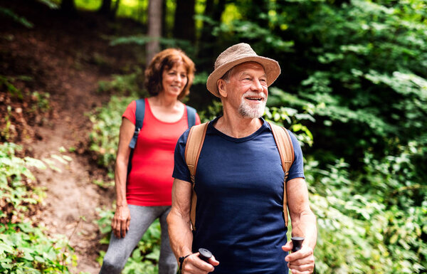 Старшая туристическая пара с рюкзаками на прогулке в лесу на природе
.