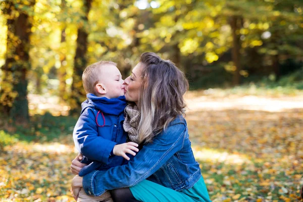 Jovem mãe com pequeno filho criança em um passeio na floresta de outono, beijando . — Fotografia de Stock