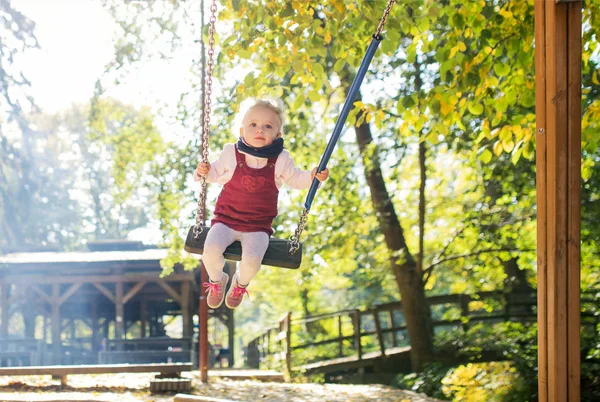 Vooraanzicht van een klein peuter meisje op een schommel op een speelplaats. — Stockfoto