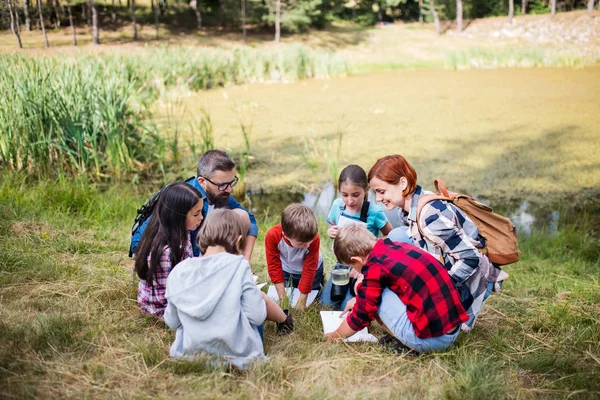 Sekelompok anak sekolah dengan guru melakukan kunjungan lapangan di alam . — Stok Foto