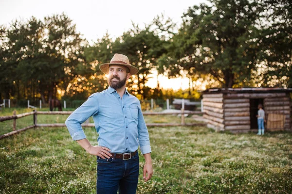 A portrait of mature man farmer standing outdoors on family farm at sunset. — Stock Photo, Image