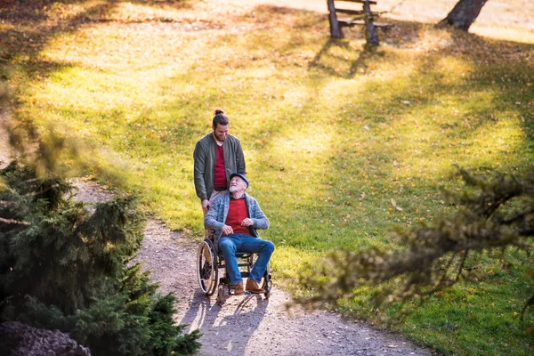 Père aîné avec fauteuil roulant et son fils en promenade dans la nature . — Photo