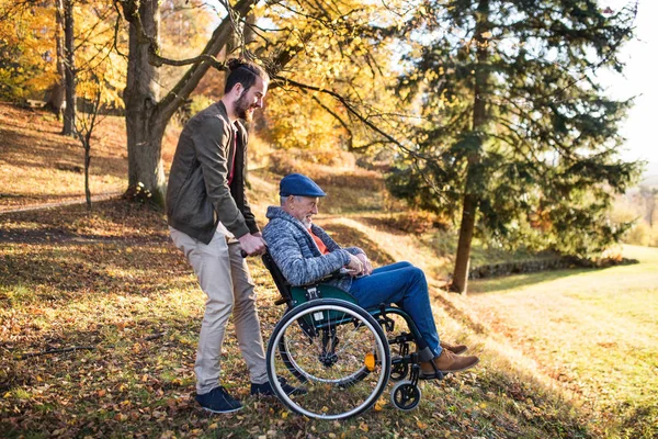 Padre mayor con silla de ruedas y su hijo caminando en la naturaleza . — Foto de Stock