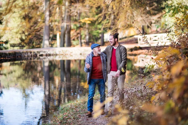 Pai sênior e seu filho andando na natureza, falando . — Fotografia de Stock