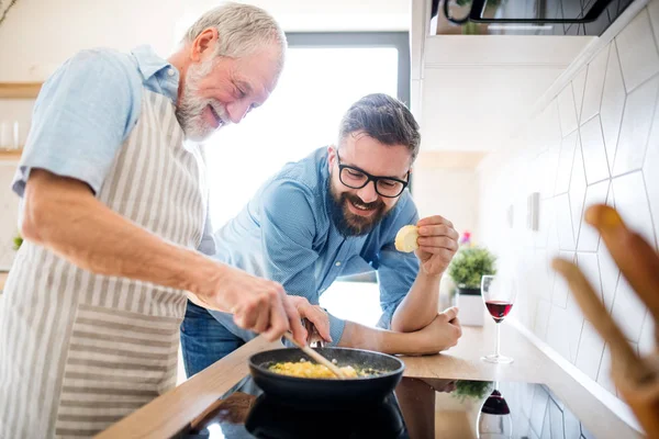 En vuxen hipster son och Senior far inomhus hemma, Matlagning. — Stockfoto