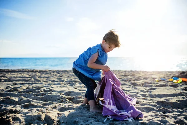 Un retrato de una niña pequeña parada al aire libre en la playa de arena, jugando . — Foto de Stock