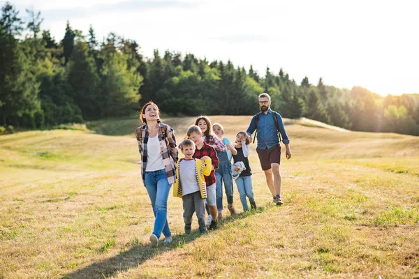 Groupe d'écoliers avec professeur en excursion dans la nature, à pied . — Photo