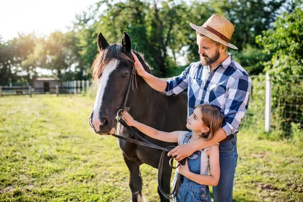 Padre maturo e figlia piccola con cavallo che lavora in una piccola fattoria di animali di famiglia . — Foto Stock
