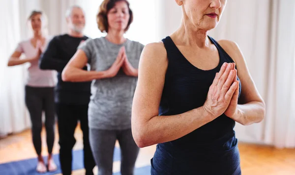Grupo de personas mayores haciendo ejercicio de yoga en club de centro comunitario . —  Fotos de Stock
