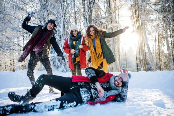 Ομάδα νεαρών φίλων σε μια βόλτα σε εξωτερικούς χώρους στο χιόνι στο χειμερινό δάσος, έχοντας τη διασκέδαση. — Φωτογραφία Αρχείου