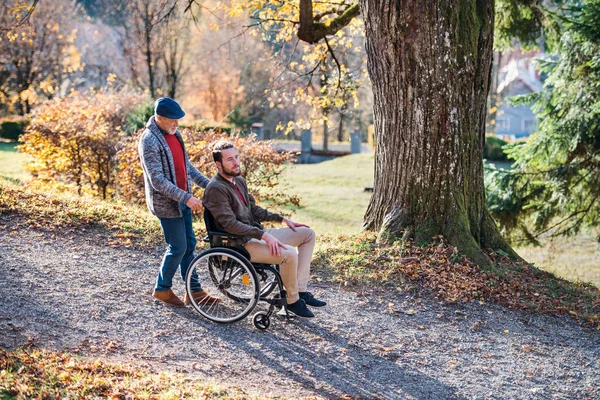 Père aîné avec fauteuil roulant et son fils en promenade dans la nature . — Photo
