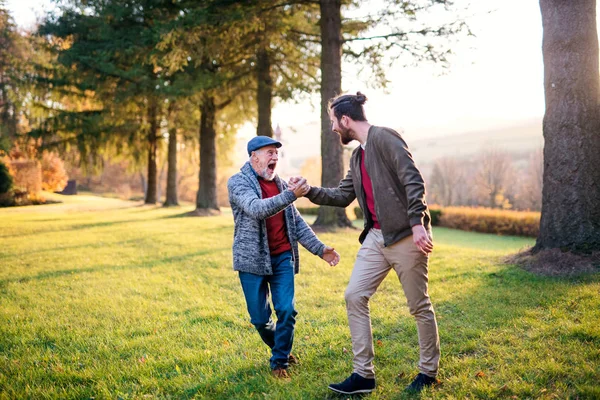 Lachende Senior vader en zijn zoon op wandelen in de natuur, handen schudden. — Stockfoto
