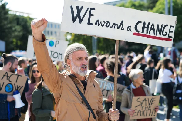 Personer med plakater og plakater om global streik for klimaendringer . – stockfoto
