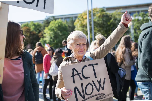 Senior mit Plakat und Plakat zum weltweiten Streik für den Klimawandel. — Stockfoto
