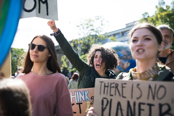 Osoby posiadające tablice i plakaty na temat globalnego strajku na rzecz zmian klimatycznych. — Zdjęcie stockowe