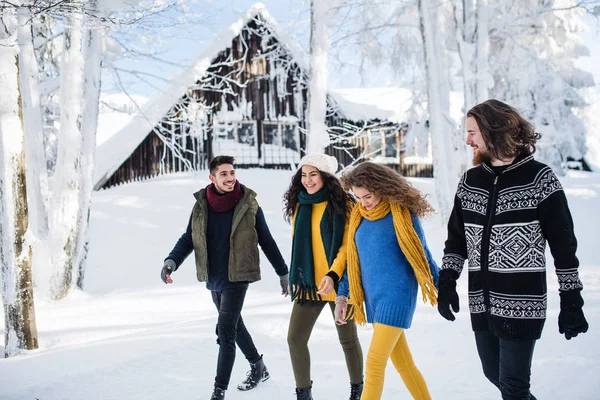 Un grupo de jóvenes amigos en un paseo al aire libre en la nieve en invierno . —  Fotos de Stock