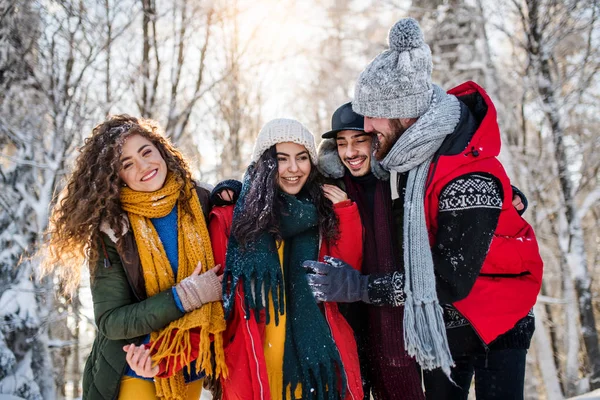 En grupp unga vänner på en promenad utomhus i snö i vinterskogen. — Stockfoto