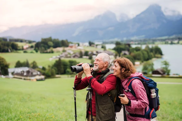 Senior pensioner couple with hiking in nature, using binoculars. — Stock Photo, Image